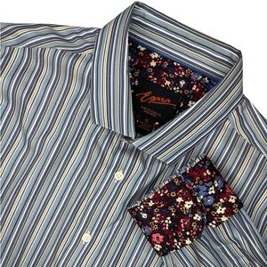 Egara Men’s Slim Fit Blue Tan White Striped Dress Shirt Floral Cuff/Neckline XL